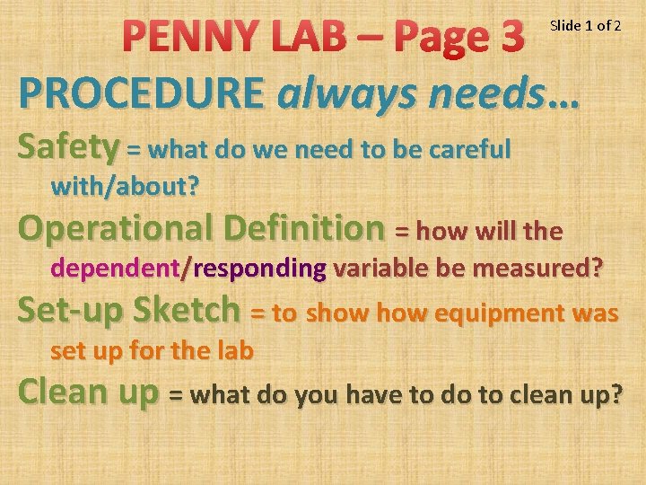 PENNY LAB – Page 3 PROCEDURE always needs… Slide 1 of 2 Safety =