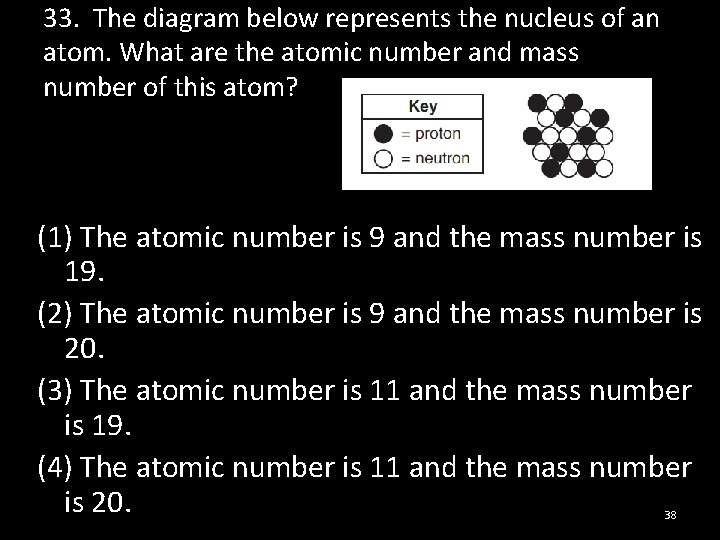 33. The diagram below represents the nucleus of an atom. What are the atomic