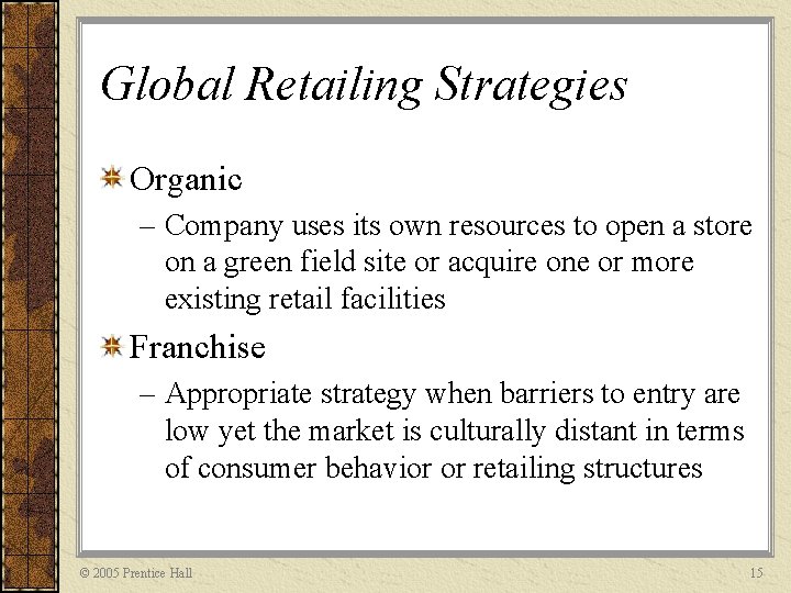 Global Retailing Strategies Organic – Company uses its own resources to open a store