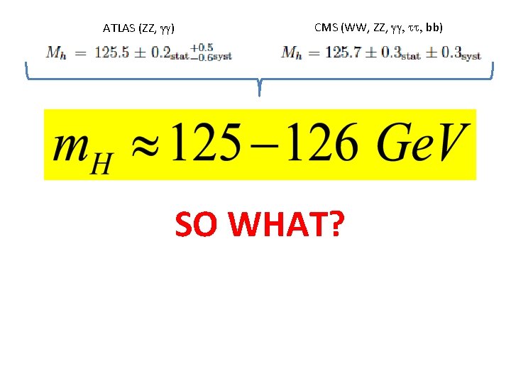 ATLAS (ZZ, gg) CMS (WW, ZZ, gg, tt, bb) SO WHAT? 