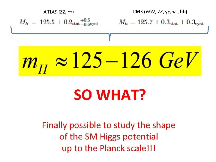 ATLAS (ZZ, gg) CMS (WW, ZZ, gg, tt, bb) SO WHAT? Finally possible to