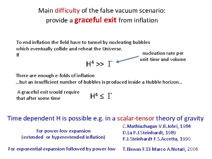 Main difficulty of the false vacuum scenario: provide a graceful exit from inflation To