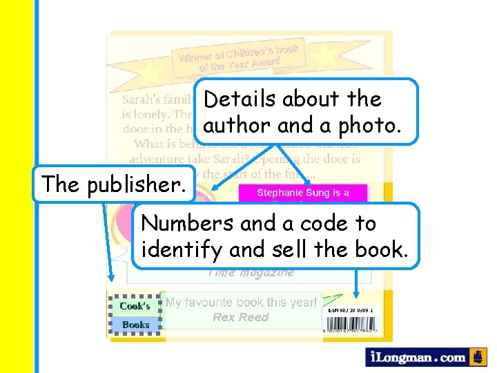 Details about the author and a photo. The publisher. Numbers and a code to