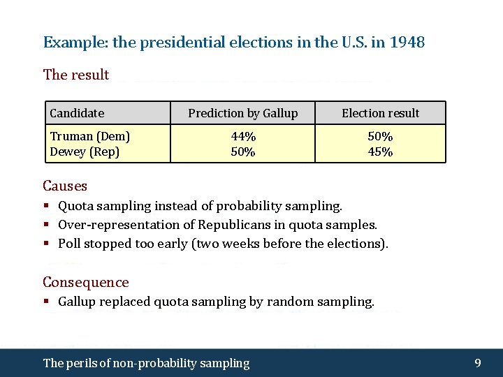 Example: the presidential elections in the U. S. in 1948 The result Candidate Truman
