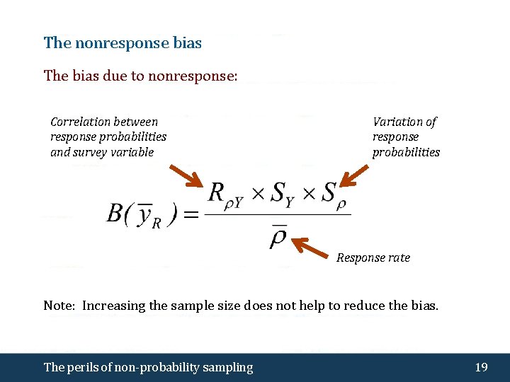 The nonresponse bias The bias due to nonresponse: Correlation between response probabilities and survey