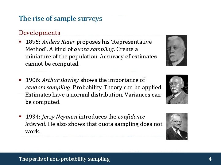 The rise of sample surveys Developments § 1895: Anders Kiaer proposes his ‘Representative Method’.