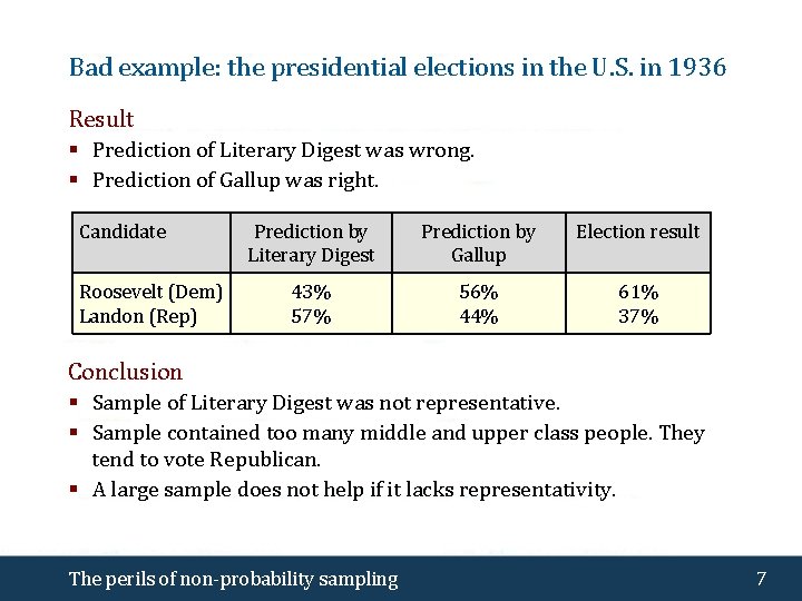 Bad example: the presidential elections in the U. S. in 1936 Result § Prediction