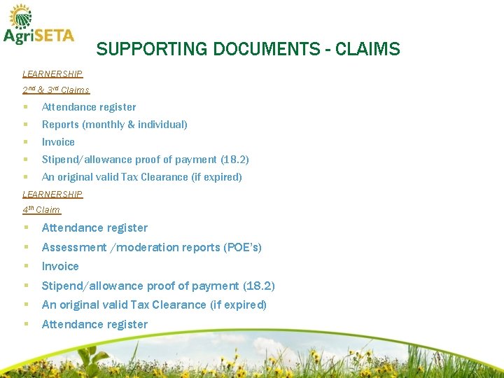 SUPPORTING DOCUMENTS - CLAIMS LEARNERSHIP 2 nd & 3 rd Claims § Attendance register
