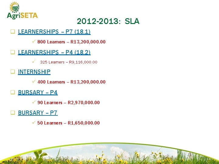 2012 -2013: SLA q LEARNERSHIPS – P 7 (18. 1) ü 800 Learners –