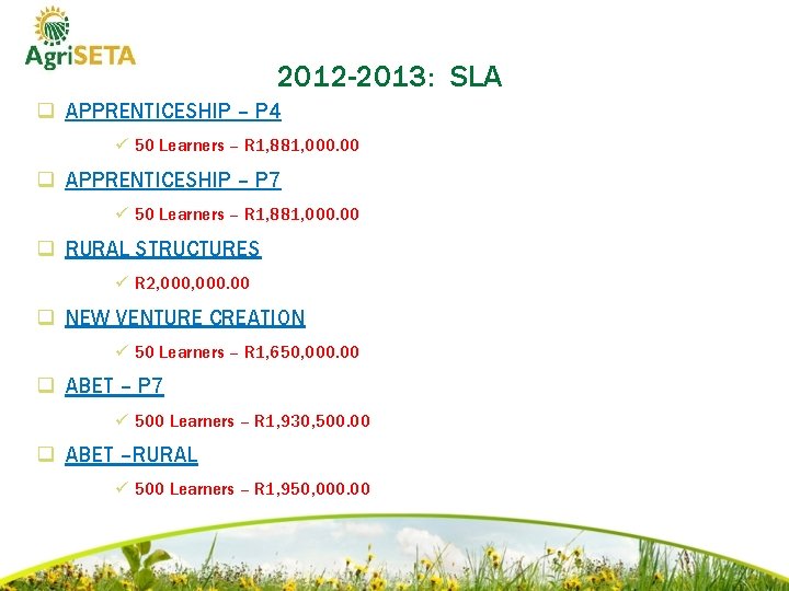 2012 -2013: SLA q APPRENTICESHIP – P 4 ü 50 Learners – R 1,