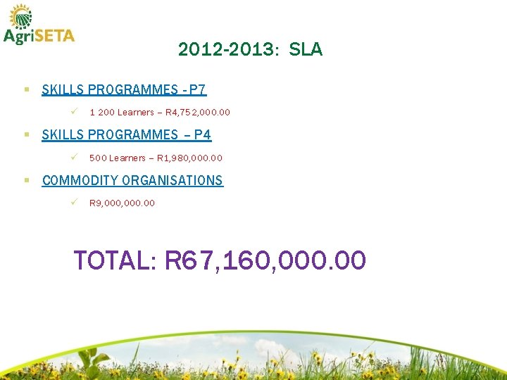 2012 -2013: SLA § SKILLS PROGRAMMES - P 7 ü 1 200 Learners –