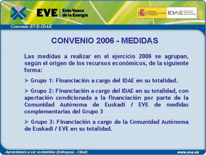 Convenio EVE-IDAE CONVENIO 2006 - MEDIDAS Las medidas a realizar en el ejercicio 2006