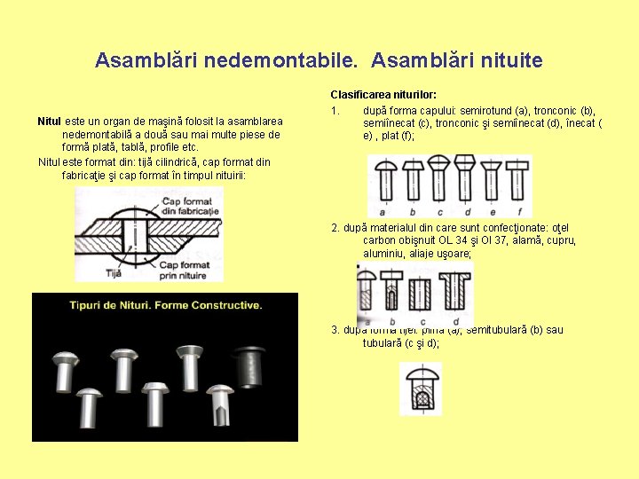 Asamblări nedemontabile. Asamblări nituite Nitul este un organ de maşină folosit la asamblarea nedemontabilă