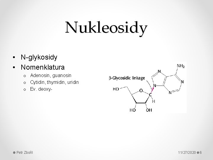 Nukleosidy • N-glykosidy • Nomenklatura o Adenosin, guanosin o Cytidin, thymidin, uridin o Ev.