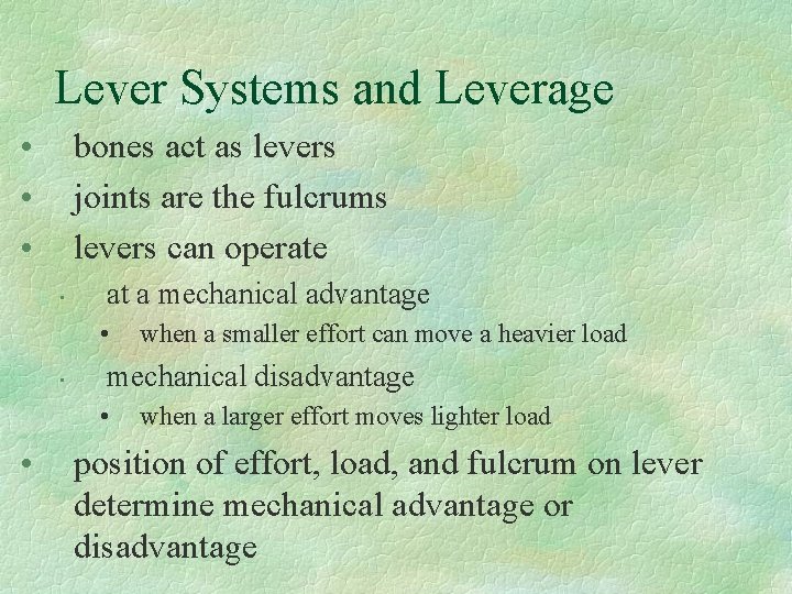 Lever Systems and Leverage • • • bones act as levers joints are the