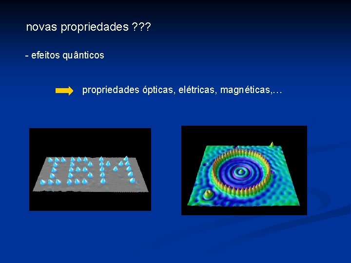 novas propriedades ? ? ? - efeitos quânticos propriedades ópticas, elétricas, magnéticas, … 