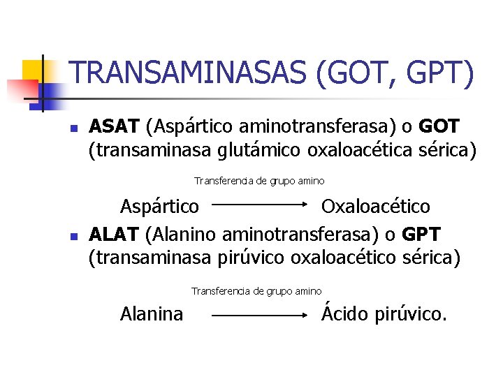 TRANSAMINASAS (GOT, GPT) n ASAT (Aspártico aminotransferasa) o GOT (transaminasa glutámico oxaloacética sérica) Transferencia