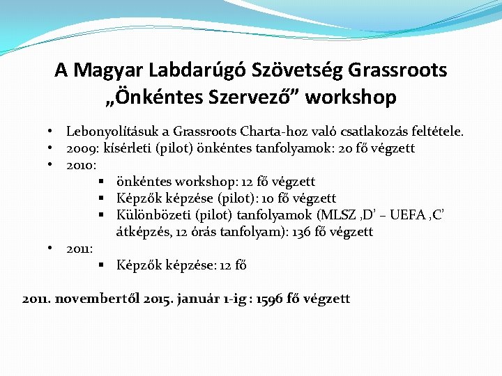 A Magyar Labdarúgó Szövetség Grassroots „Önkéntes Szervező” workshop • Lebonyolításuk a Grassroots Charta-hoz való