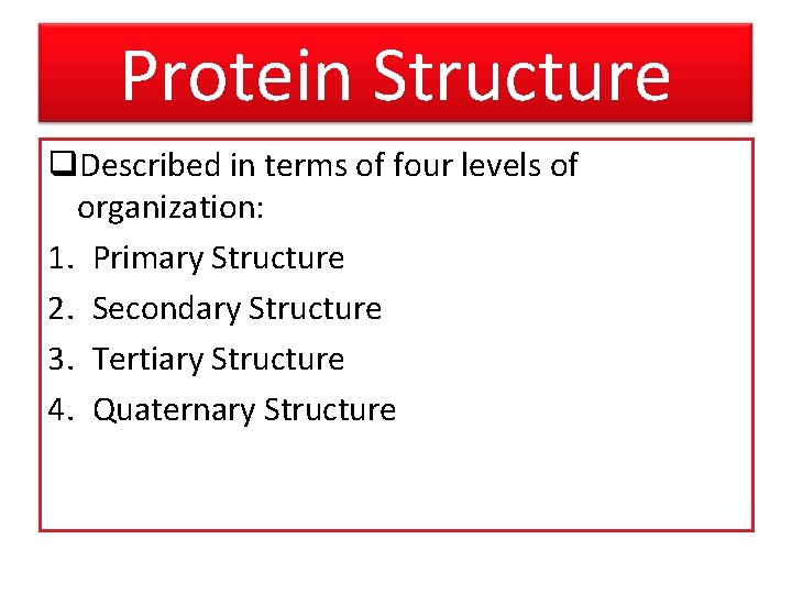 Protein Structure q. Described in terms of four levels of organization: 1. Primary Structure
