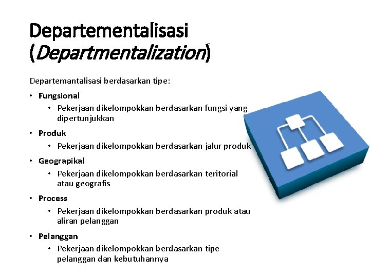 Departementalisasi (Departmentalization) Departemantalisasi berdasarkan tipe: • Fungsional • Pekerjaan dikelompokkan berdasarkan fungsi yang dipertunjukkan