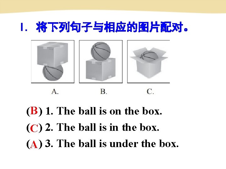 I. 将下列句子与相应的图片配对。 (B ) 1. The ball is on the box. (C ) 2.