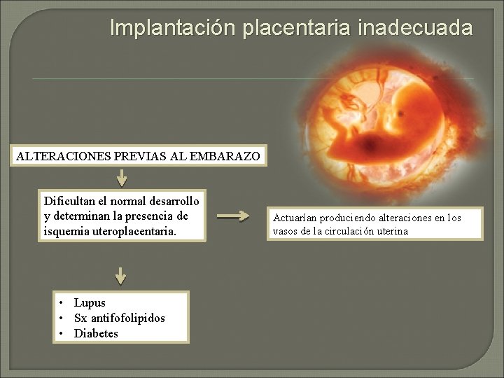 Implantación placentaria inadecuada ALTERACIONES PREVIAS AL EMBARAZO Dificultan el normal desarrollo y determinan la