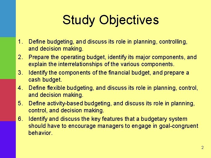 Study Objectives 1. Define budgeting, and discuss its role in planning, controlling, and decision