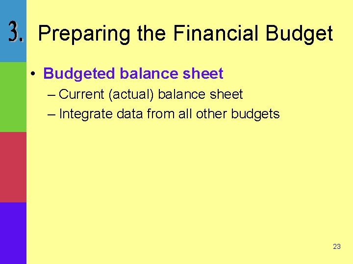 Preparing the Financial Budget • Budgeted balance sheet – Current (actual) balance sheet –