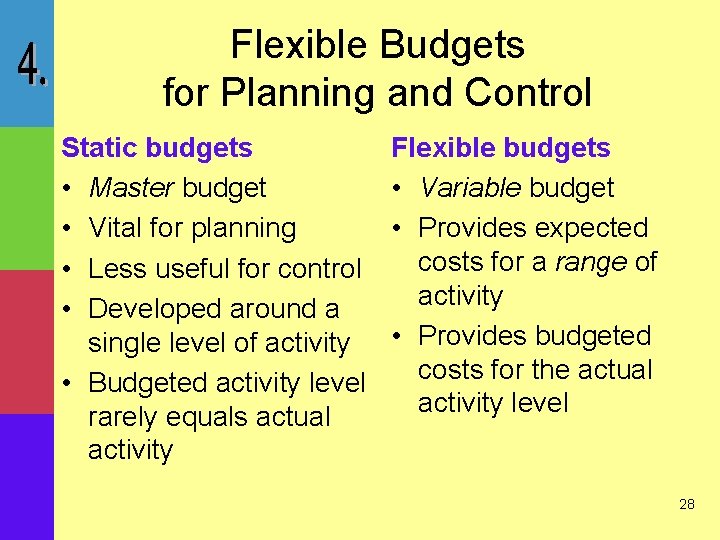 Flexible Budgets for Planning and Control Static budgets • Master budget • Vital for