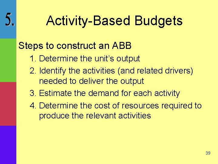 Activity-Based Budgets Steps to construct an ABB 1. Determine the unit’s output 2. Identify