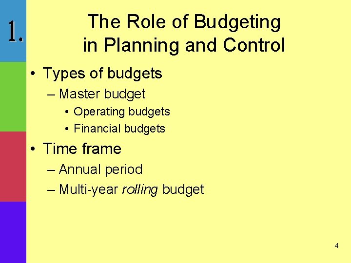 The Role of Budgeting in Planning and Control • Types of budgets – Master