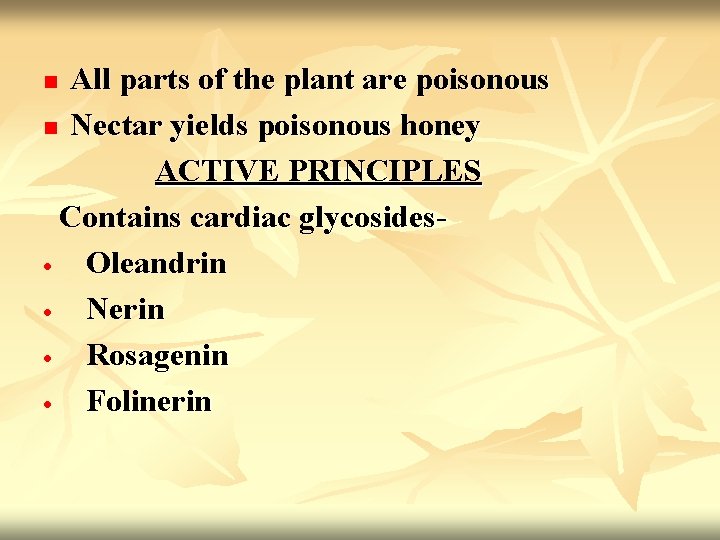 All parts of the plant are poisonous n Nectar yields poisonous honey ACTIVE PRINCIPLES