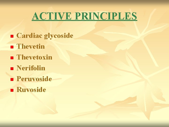 ACTIVE PRINCIPLES n n n Cardiac glycoside Thevetin Thevetoxin Nerifolin Peruvoside Ruvoside 