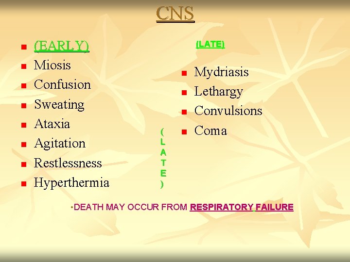 CNS n n n n (EARLY) Miosis Confusion Sweating Ataxia Agitation Restlessness Hyperthermia (LATE)