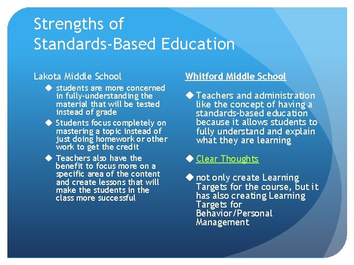 Strengths of Standards-Based Education Lakota Middle School u students are more concerned in fully-understanding