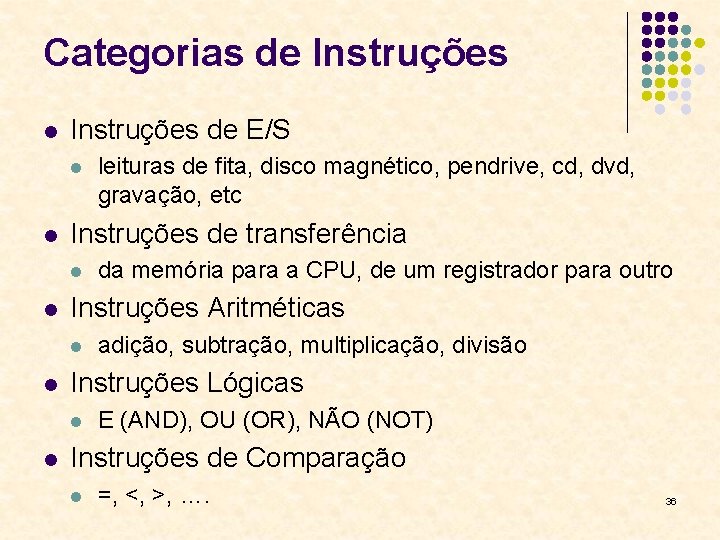 Categorias de Instruções l Instruções de E/S l l Instruções de transferência l l