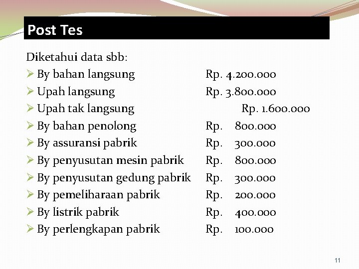 Post Tes Diketahui data sbb: Ø By bahan langsung Ø Upah tak langsung Ø Post Tes Diketahui data sbb: Ø By bahan langsung Ø Upah tak langsung Ø
