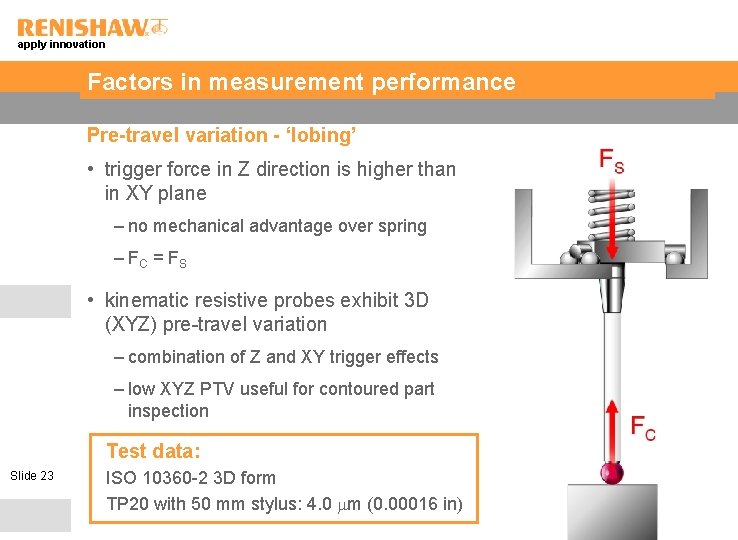 apply innovation Factors in measurement performance Pre-travel variation - ‘lobing’ • trigger force in