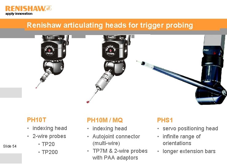 apply innovation Renishaw articulating heads for trigger probing Slide 54 PH 10 T PH