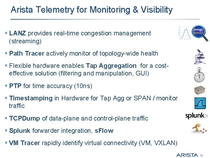 Arista Telemetry for Monitoring & Visibility § LANZ provides real-time congestion management (streaming) §