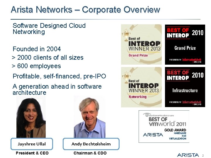 Arista Networks – Corporate Overview Software Designed Cloud Networking Founded in 2004 > 2000