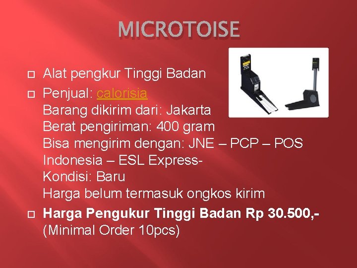 MICROTOISE Alat pengkur Tinggi Badan Penjual: calorisia Barang dikirim dari: Jakarta Berat pengiriman: 400