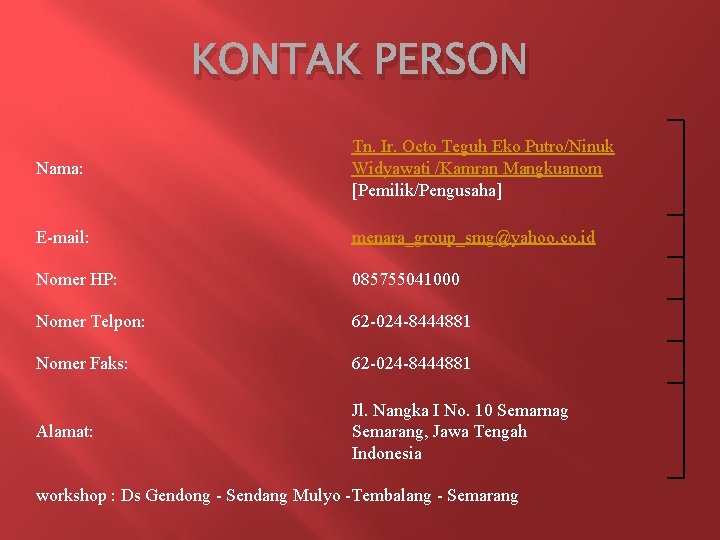 KONTAK PERSON Nama: Tn. Ir. Octo Teguh Eko Putro/Ninuk Widyawati /Kamran Mangkuanom [Pemilik/Pengusaha] E-mail: