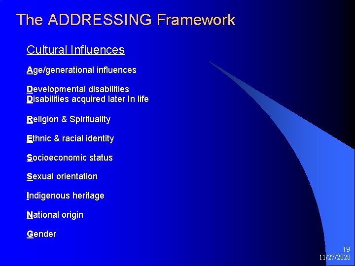 The ADDRESSING Framework Cultural Influences Age/generational influences Developmental disabilities Disabilities acquired later In life