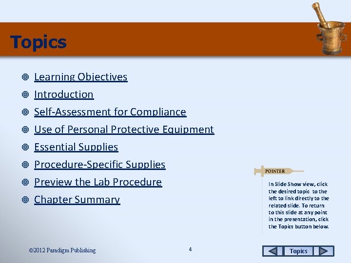 Topics Learning Objectives Introduction Self-Assessment for Compliance Use of Personal Protective Equipment Essential Supplies