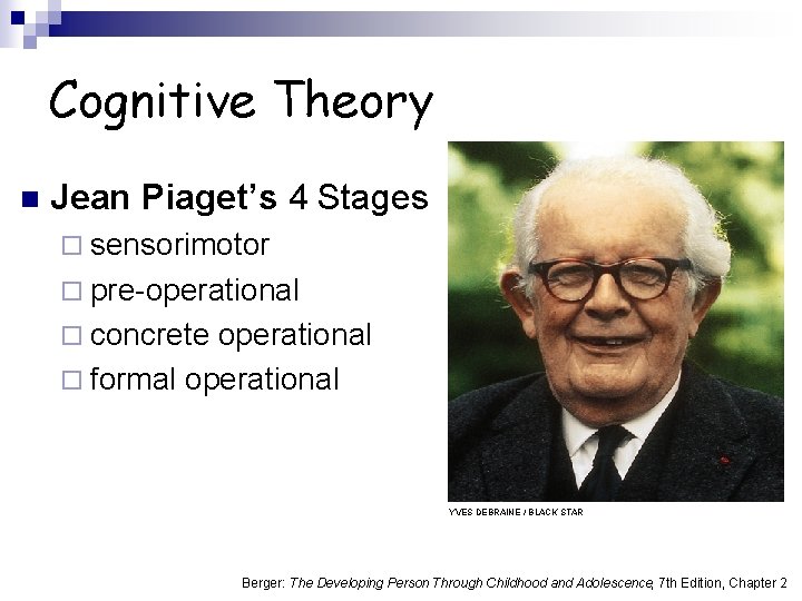 Cognitive Theory n Jean Piaget’s 4 Stages ¨ sensorimotor ¨ pre-operational ¨ concrete operational