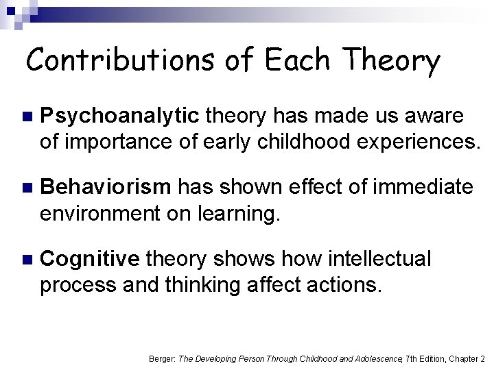 Contributions of Each Theory n Psychoanalytic theory has made us aware of importance of