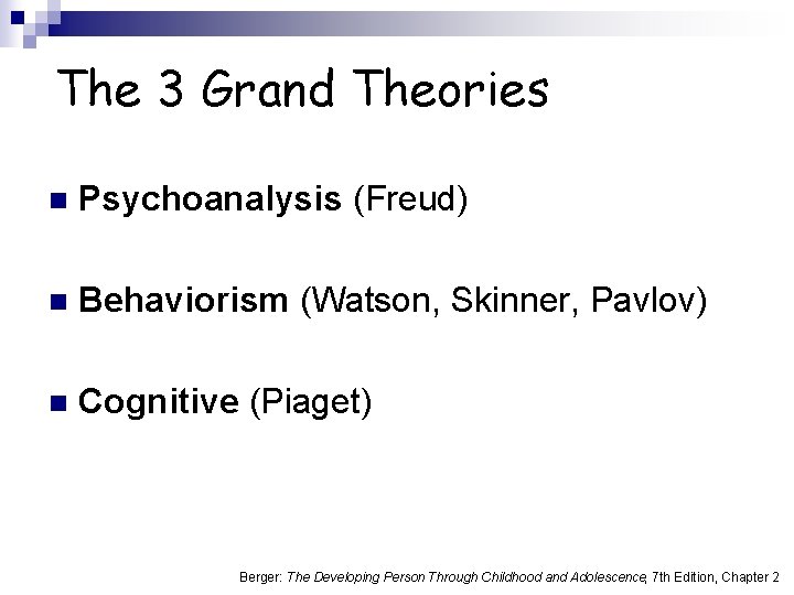 The 3 Grand Theories n Psychoanalysis (Freud) n Behaviorism (Watson, Skinner, Pavlov) n Cognitive