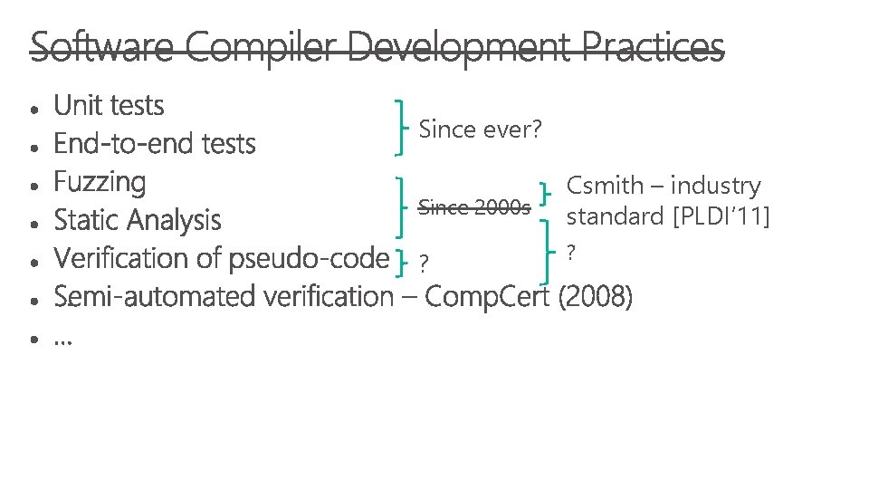 Since ever? Since 2000 s ? Csmith – industry standard [PLDI’ 11] ? 