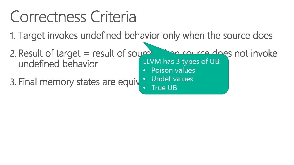 LLVM has 3 types of UB: • Poison values • Undef values • True